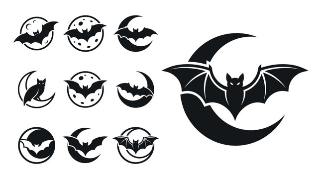 Halloween Bat Icons and Crescent Moon Silhouette Collection