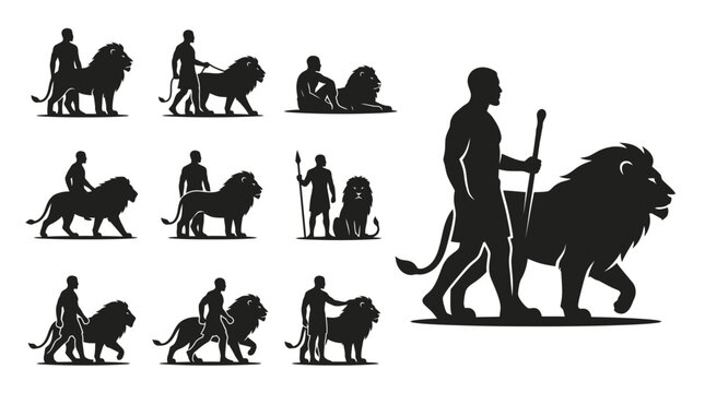 Lion Tamer Silhouette Collection: Dynamic Poses of Man and Beast