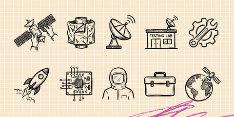 Black ink scribble doodle vector vintage hand drawn set of solar system planet earth galaxy globe orbit space astronomy and world cosmos © Broke Stoke