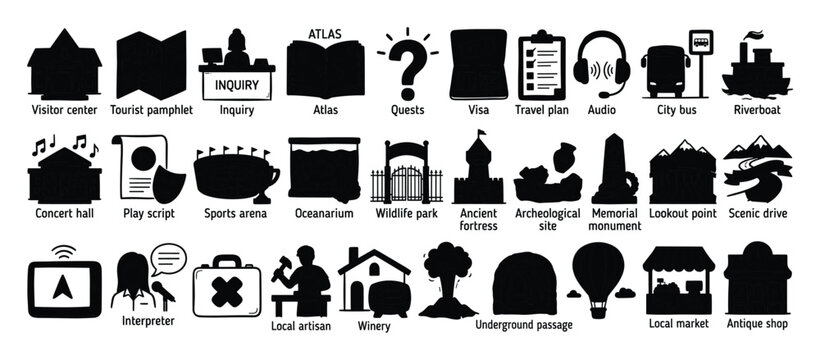 Tourist attraction icons collection. Travel service symbols set. Visitor activity pictograms. Flat style icon set. Stock vector.
