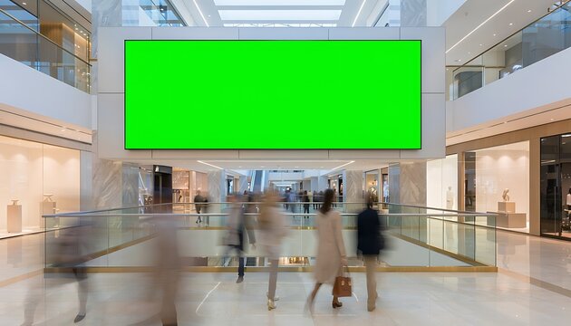 People walk quickly past a large green screen in a busy shopping mall interior with stores and a blurred crowd