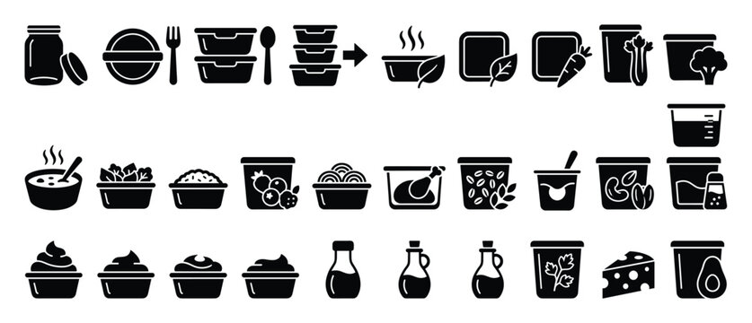 Food preparation icon set. Meal prep container symbols. Healthy food storage collection. Flat style icon set. Stock vector.