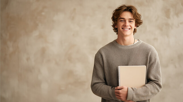 Young man holding notebook smiling