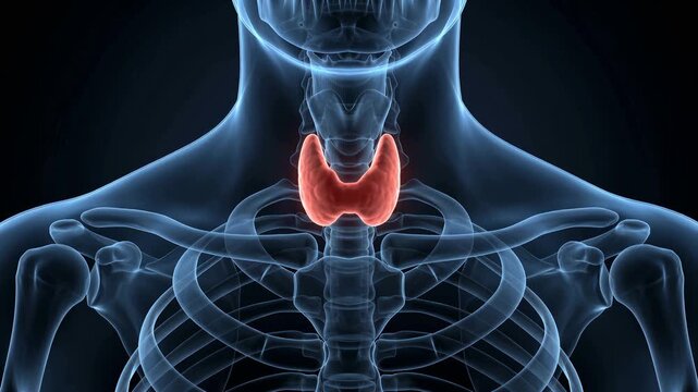 3D thyroid gland glowing red within transparent X-ray human neck anatomy, detailed medical visualization, endocrine health and diagnostic concept, 4K video