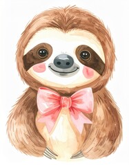 Obraz premium Cute watercolor sloth with a pink bow tie, smiling with rosy cheeks on a white background.