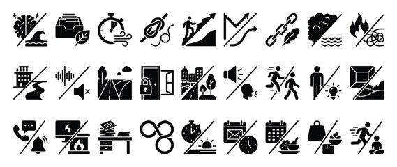 Fototapeta premium Digital detox flat icon set. Stress management symbol collection. Worklife balance and focus pictograms for modern life. Stock vector.