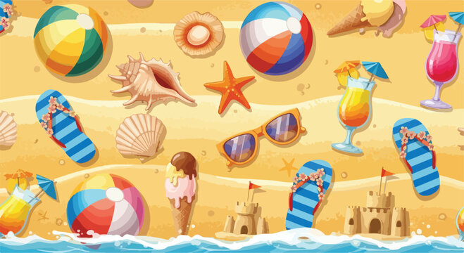 Summer beach vacation seamless pattern vector, tropical holiday background with sandcastles and seashells, sunny seaside travel wallpaper