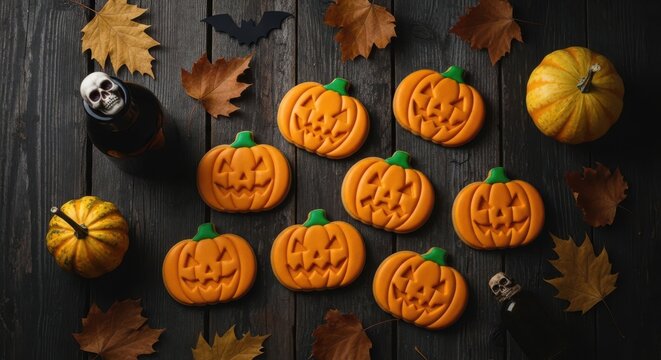 Halloween pumpkin cookies with autumn leaves and skulls on a dark wooden background