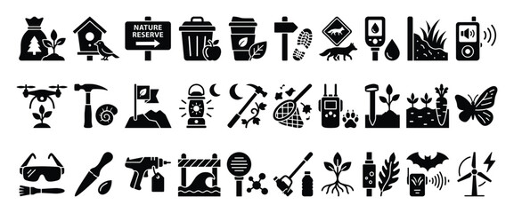 Naklejka premium Nature and outdoor flat icons set. Environmental conservation symbols. Science and research pictograms. Stock vector.