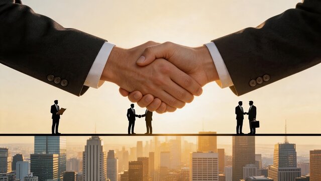 Business handshake deal partnership agreement concept with silhouettes of executives shaking hands against city skyline background, symbolizing corporate success and professional