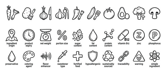 Obraz premium Food ingredients and nutrition outline icons. Food label and dietary information symbols. Outline icon collection. Vector illustration