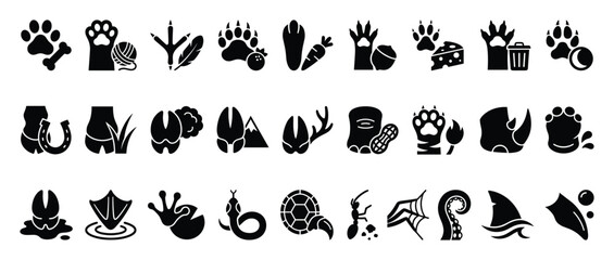 Fototapeta premium Animal paw prints icon set. Wildlife animal tracks symbols. Nature footprints collection. Flat style icon set. Stock vector.