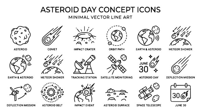 Asteroid Day Vector Icons: Space, Earth, Comet, Meteor, Satellite, Astronomy