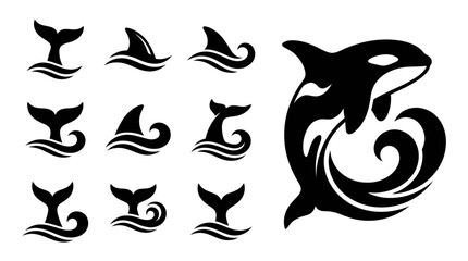Orca Whale Icons Set: Killer Whale Silhouette and Sea Creature Fins with Waves © khami