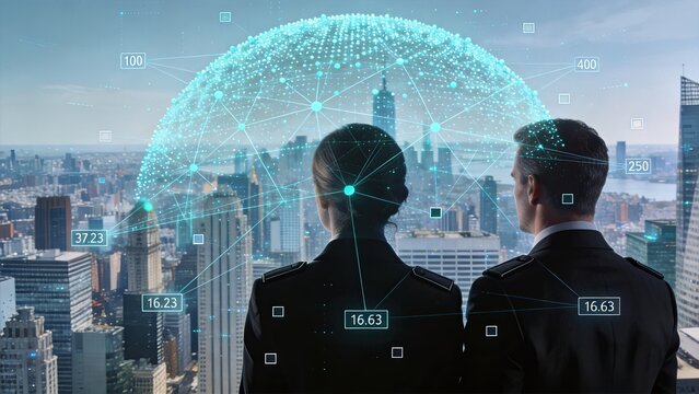 Corporate team analyzing global network connections over city skyline, digital transformation and big data visualization concept for strategic business planning and future