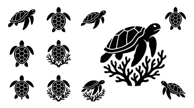 Sea Turtle Icons and Illustrations: Aquatic Life, Marine Animals, Ocean Creatures