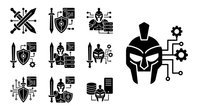 Cybersecurity Warrior Icons: Shield, Sword, Server, Code, Gears, Spartan Helmet