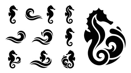 Seahorse and Wave Silhouettes Collection - Marine Life Vector Icons © khami