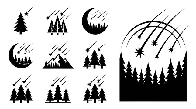 Night Sky Meteor Shower Icons: Trees, Moon, Mountains, Stars Falling
