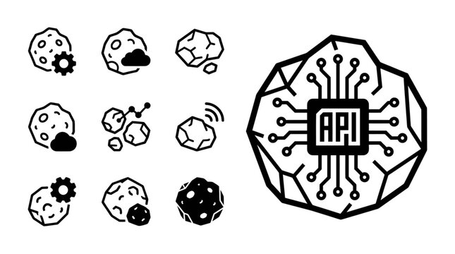 API concept: Asteroid icons and a digital brain with circuits