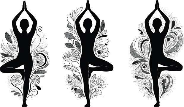 Yoga Tree Pose Silhouettes Decorated with Floral and Swirl Motifs vector illustration