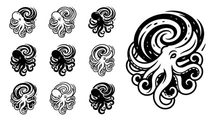 Set of black and white abstract octopus illustrations, swirling tentacles, minimalist design © khami