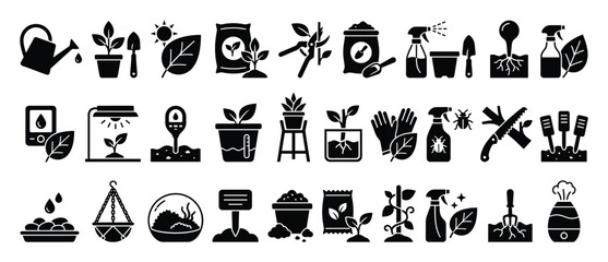 Obraz premium Gardening icons set. Plant care symbols. Horticulture and cultivation tools collection. Flat style icon set. Stock vector.