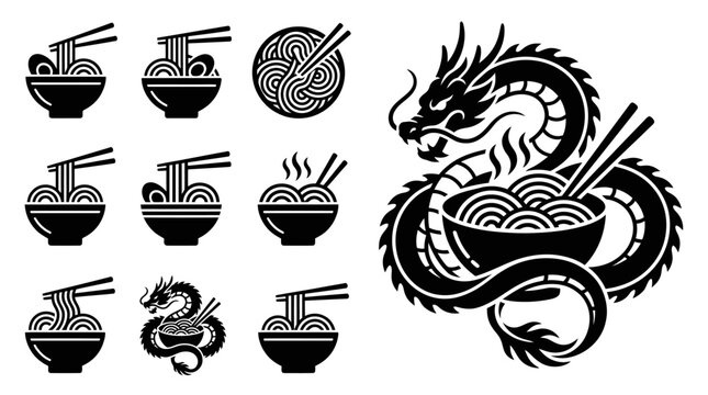Asian Dragon and Noodle Bowl Icons Set - Black and White Vector Illustrations