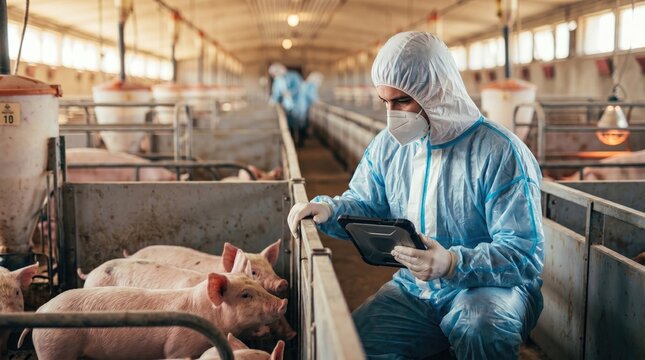 A worker in protective gear inspects pigs in a large indoor livestock facility, using a tablet for data recording.