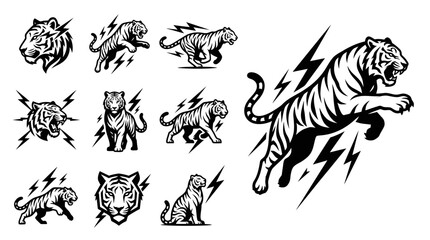 Tiger Lightning Set: Dynamic Wild Cat Illustrations with Electric Energy © khami