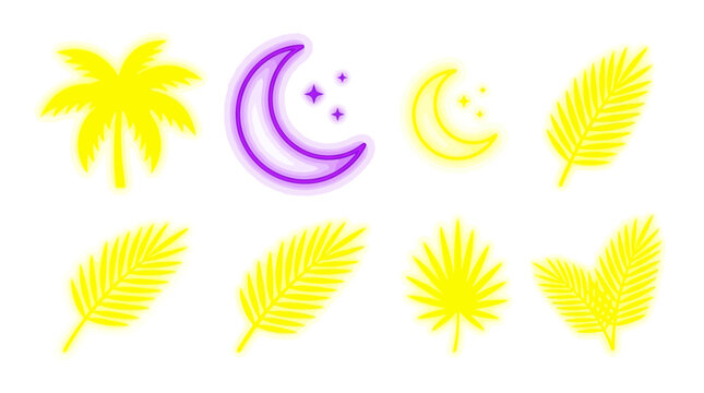 Minimalist glowing neon crescent half moon and tropical palm leaf silhouette for midnight beach party branding and retro apparel prints