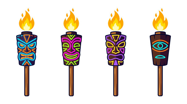 Modern glowing neon tiki torch with fire flame vector for tropical beach night party branding and summer luau festival graphics