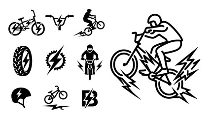 Naklejka premium BMX Freestyle Bicycle Icons and Action Rider Silhouette with Lightning Bolts