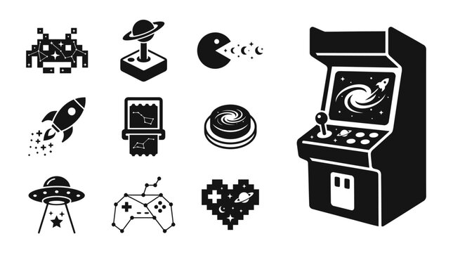 Retro Arcade Game Icons: Space Invader, Pac-Man, Spaceship, UFO, Joystick, Heart