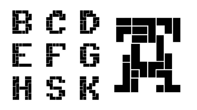 Geometric Alphabet Letters Made of Squares and Rectangles, Creative Design