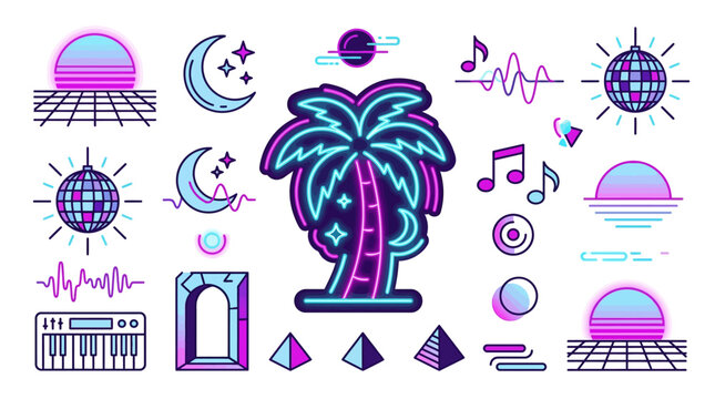 Retro neon palm tree glowing sign for summer night festival decorations and synthwave music concert graphic elements