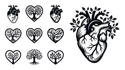 Obraz premium Heart Tree Icons and Illustration: Love, Life, Growth, Nature, Organic, Cardiology