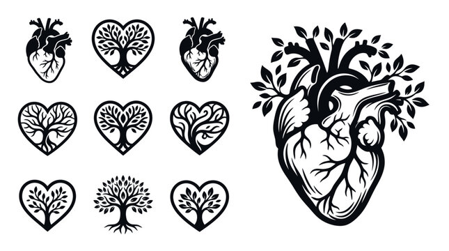 Heart Tree Icons and Illustration: Love, Life, Growth, Nature, Organic, Cardiology
