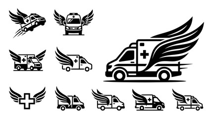Ambulance Icons with Wings: Emergency Medical Transport, Fast Care, Healthcare Service Logos © khami