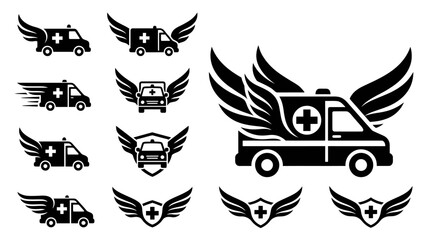Obraz premium Ambulance Winged Icons Set - Medical Emergency Transport Symbols