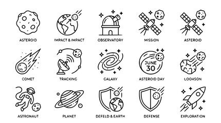 Space Icons: Asteroid, Comet, Astronaut, Planet, Galaxy, Satellite, Observatory, Earth © Embun