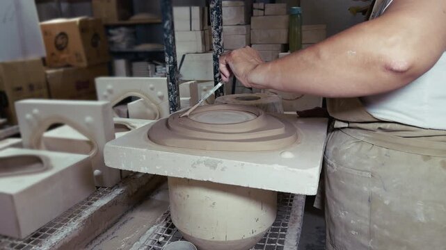 Ceramic Artisan Working With Plaster Molds In Pottery Workshop
