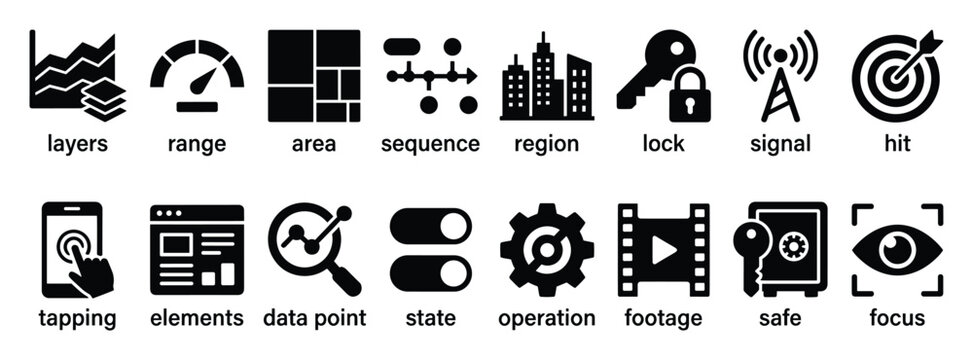 Conceptual glyph icons pack. Business technology symbols collection. Abstract design pictograms for digital interfaces. Flat style icon set. Stock vector.