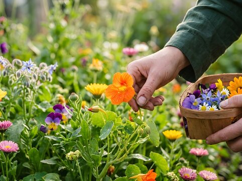 Close up of gardener hands harvesting colorful organic edible flowers into small wooden basket in garden