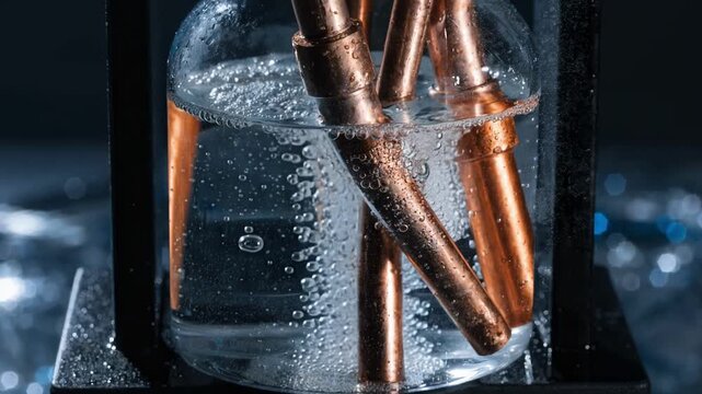 Close view of copper rods exposed to ultrasonic cleaning showcasing advanced technology using sound waves to eliminate contaminants before further processing