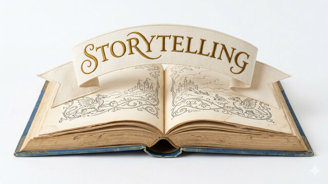 Open book with a "Storytelling" text banner in elegant script isolated on white