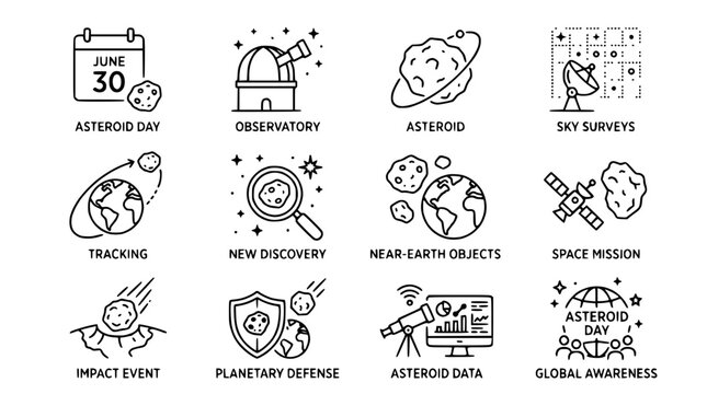 Asteroid Day Icons: Space Exploration, Astronomy, Planetary Defense & Discovery