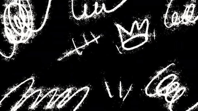 Grunge white chalk scribbles graffiti crown tally marks on black background. this abstract texture is ideal for edgy urban design projects.