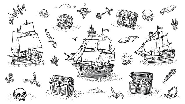A collection of hand-drawn pirate-themed illustrations featuring ships, treasure chests, and skulls, perfect for adventure and fantasy projects