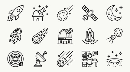 Space Exploration Icons: Rocket, Astronaut, Moon, Satellite, Observatory, Meteor © Embun